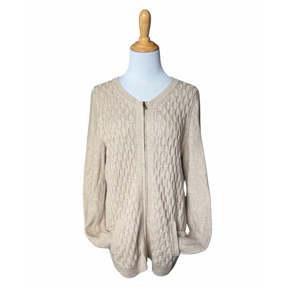Talbots Cable Knit Cotton Wool Cashmere Pocketed Zip Up Cardigan Sweater Sz L